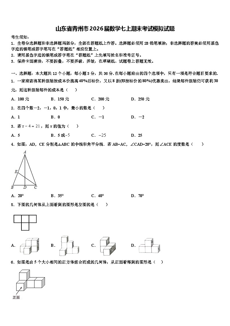 山东省青州市2026届数学七上期末考试模拟试题含解析第1页