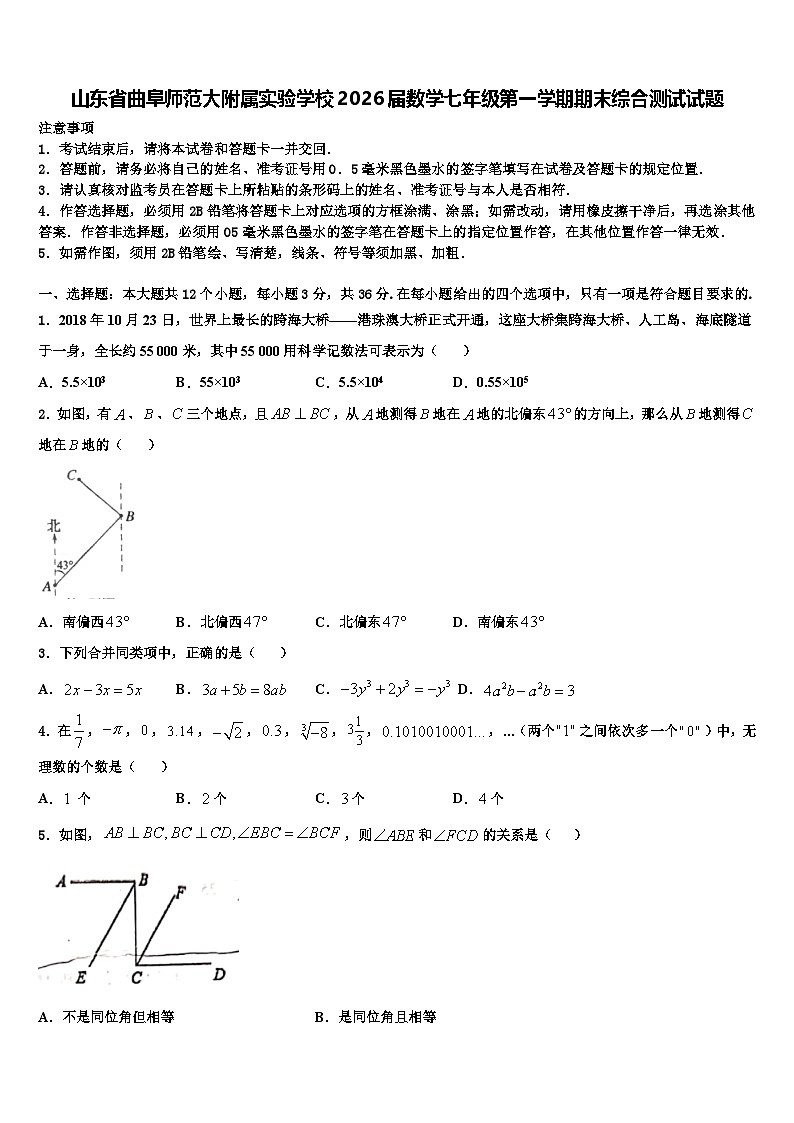 山东省曲阜师范大附属实验学校2026届数学七年级第一学期期末综合测试试题含解析第1页