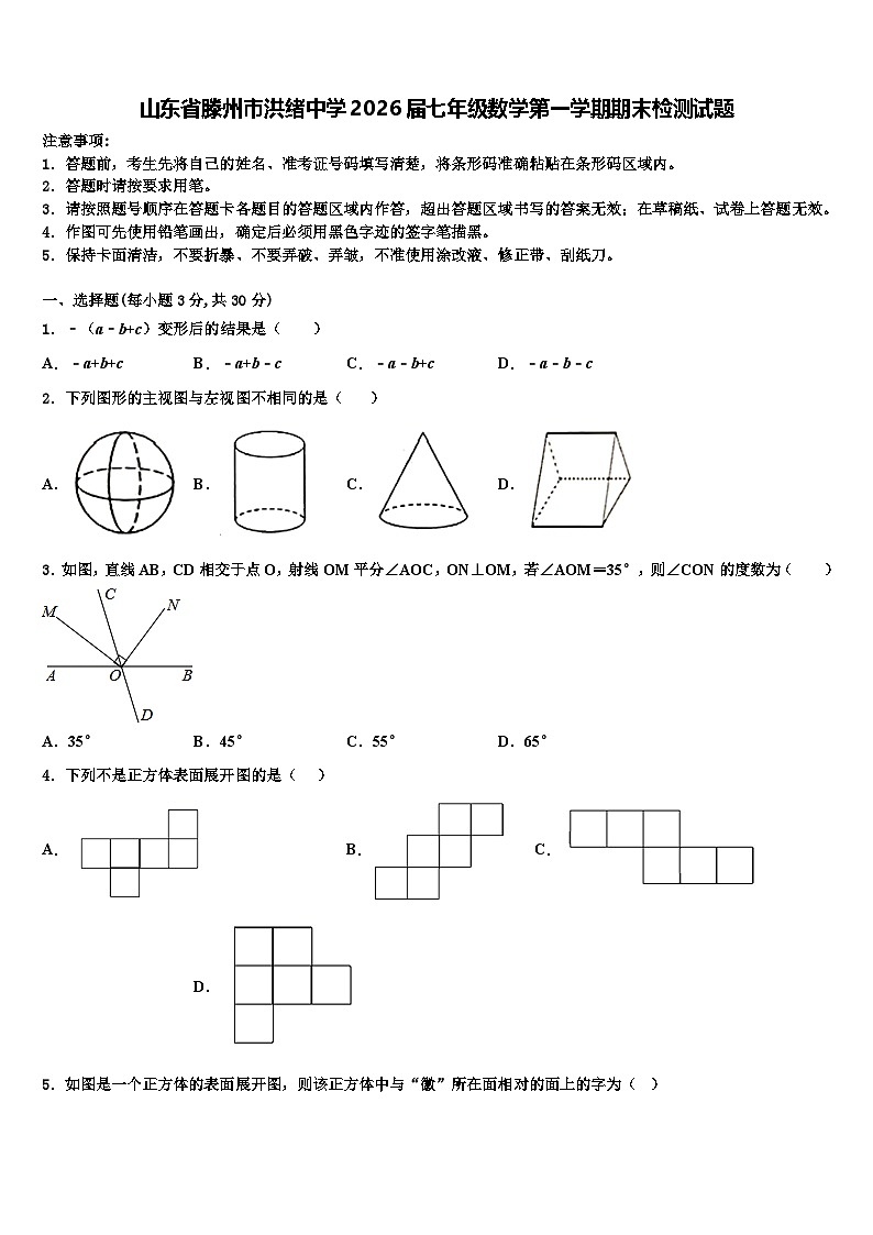 山东省滕州市洪绪中学2026届七年级数学第一学期期末检测试题含解析第1页