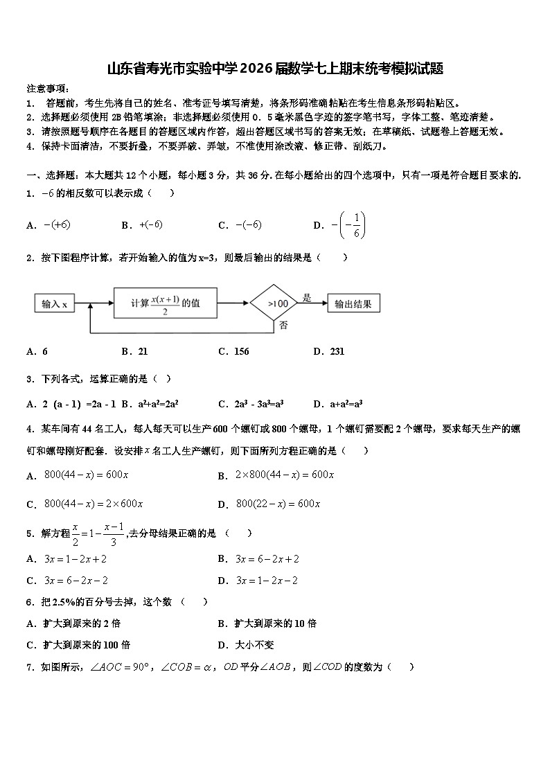 山东省寿光市实验中学2026届数学七上期末统考模拟试题含解析第1页