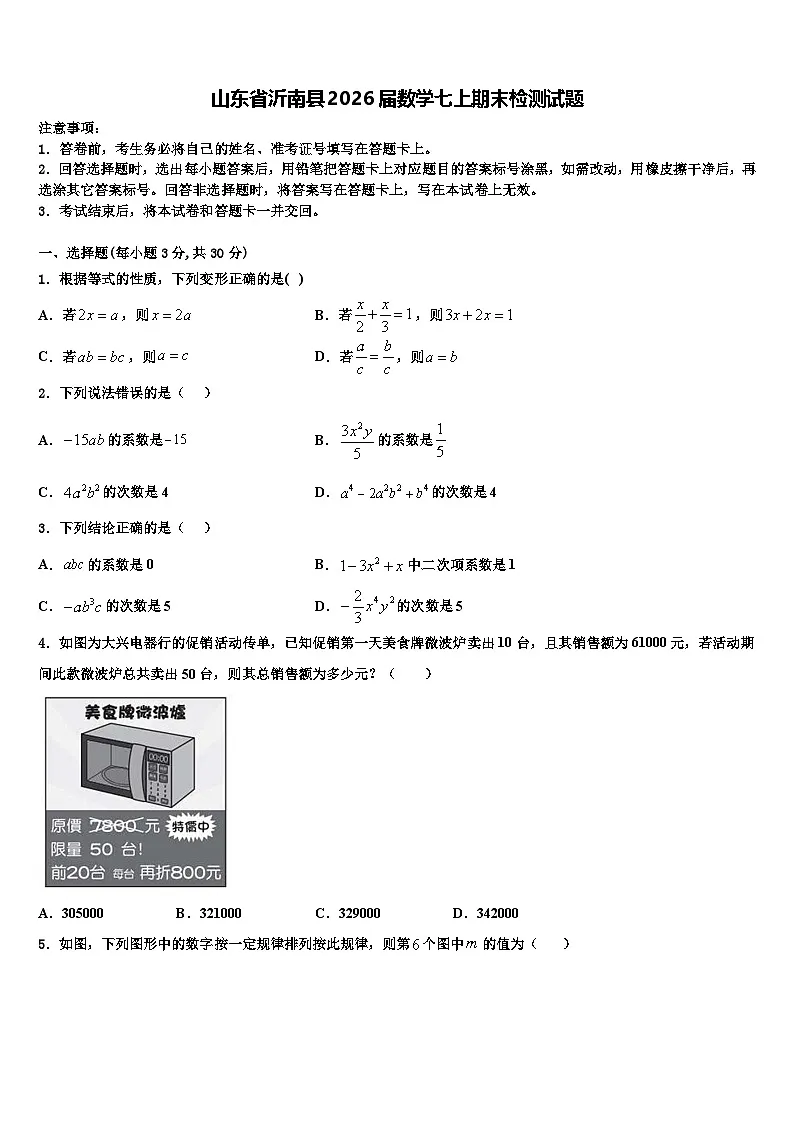 山东省沂南县2026届数学七上期末检测试题含解析第1页