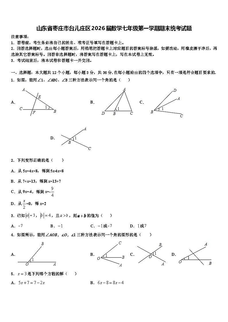 山东省枣庄市台儿庄区2026届数学七年级第一学期期末统考试题含解析第1页