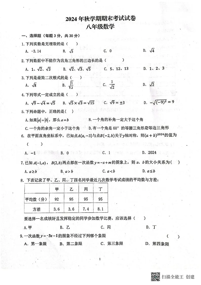 甘肃省张掖市第一中学2024-2025学年八年级上学期1月期末数学试题第1页