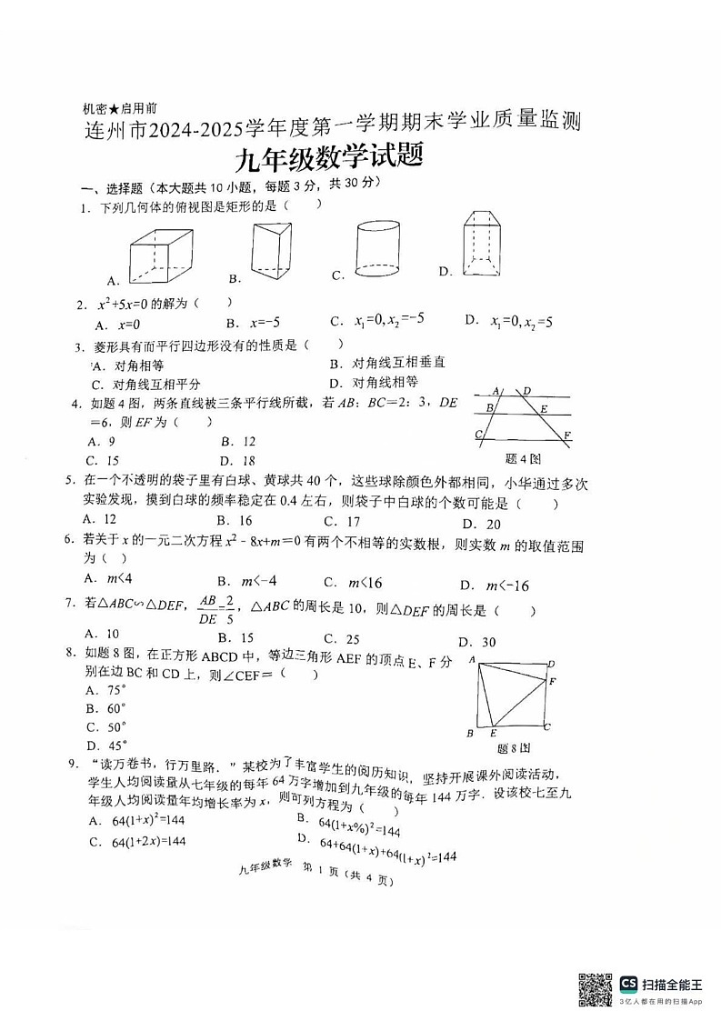 广东省清远市连州市2024-—2025学年上学期期末九年级数学试卷第1页