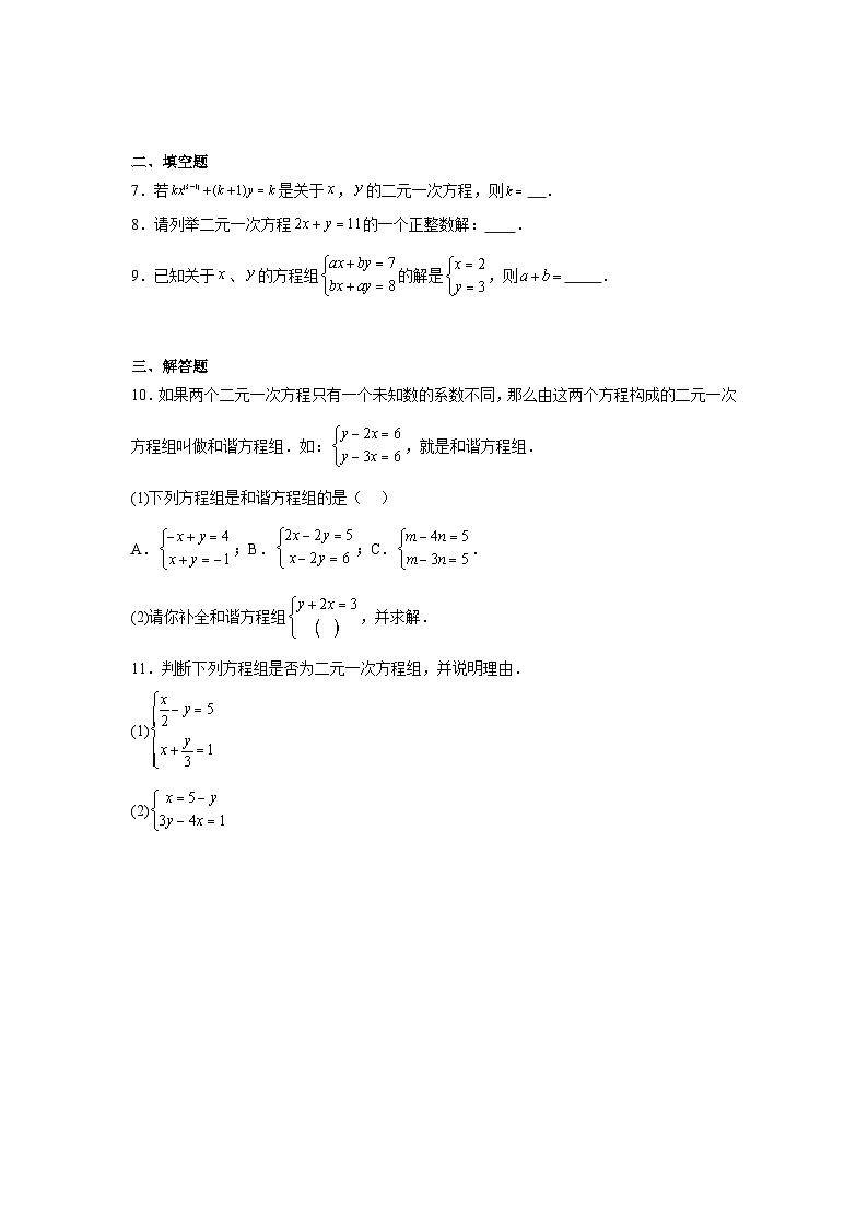 第十章 二元一次方程组 10.1 二元一次方程组的概念同步练习（含答案）初中数学人教版七年级下册第2页