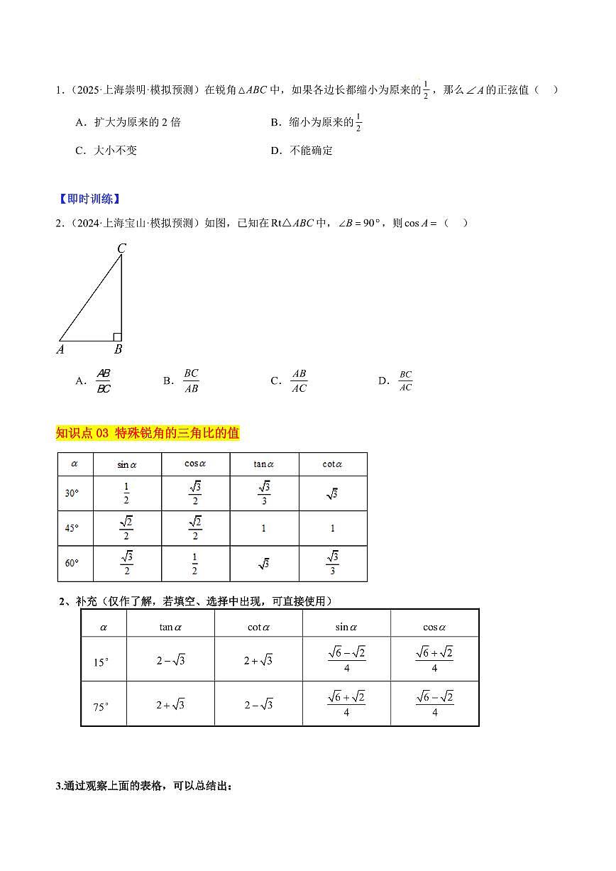 锐角的三角比（3大知识点+11大典例+变式训练+过关检测）（原卷版）第3页