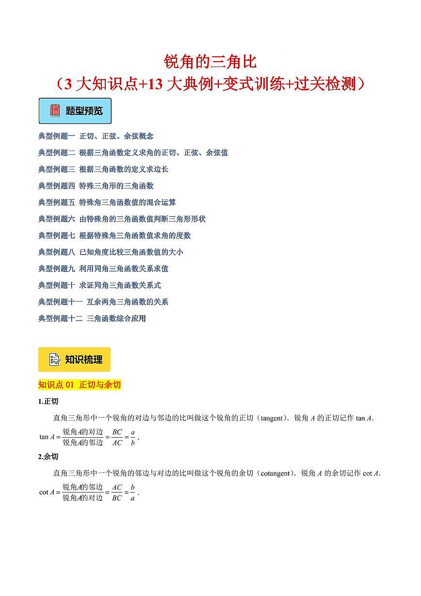 锐角的三角比（3大知识点+11大典例+变式训练+过关检测）（解析版）第1页