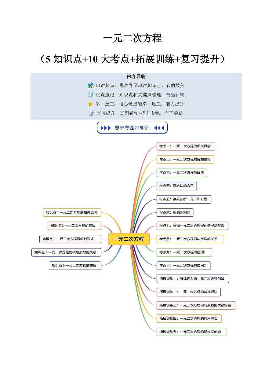 一元二次方程（5知识点+10大考点+拓展训练+复习提升）（原卷版）第1页