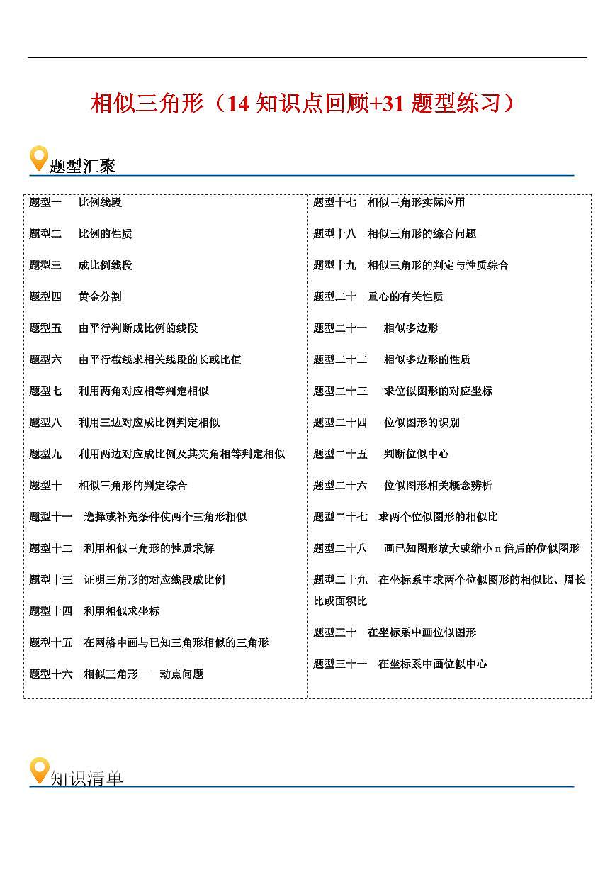相似三角形  章节（14知识点回顾+31题型练习）（解析版）第1页