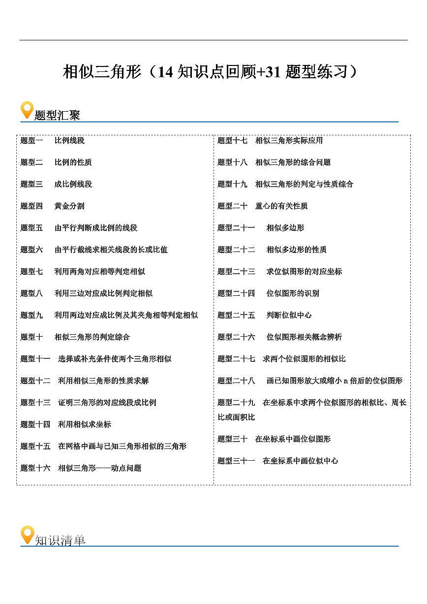 相似三角形  章节（14知识点回顾+31题型练习）（原卷版）第1页