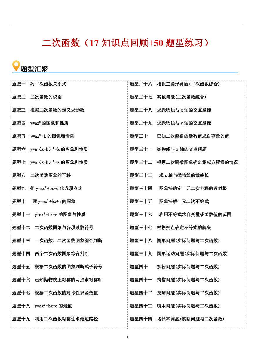 二次函数   章节（17知识点回顾+50题型练习）（解析版）第1页