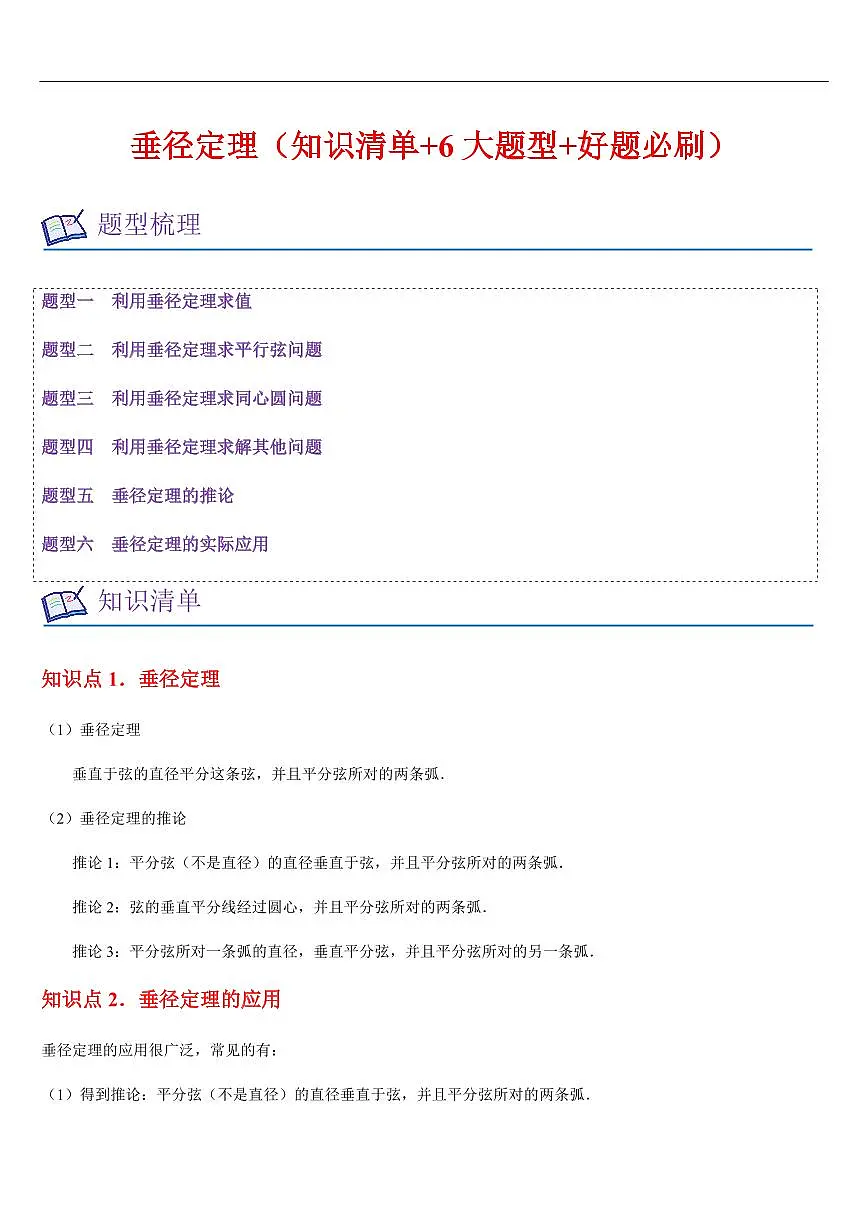 垂径定理 （知识清单+6大题型+好题必刷）（解析版）第1页