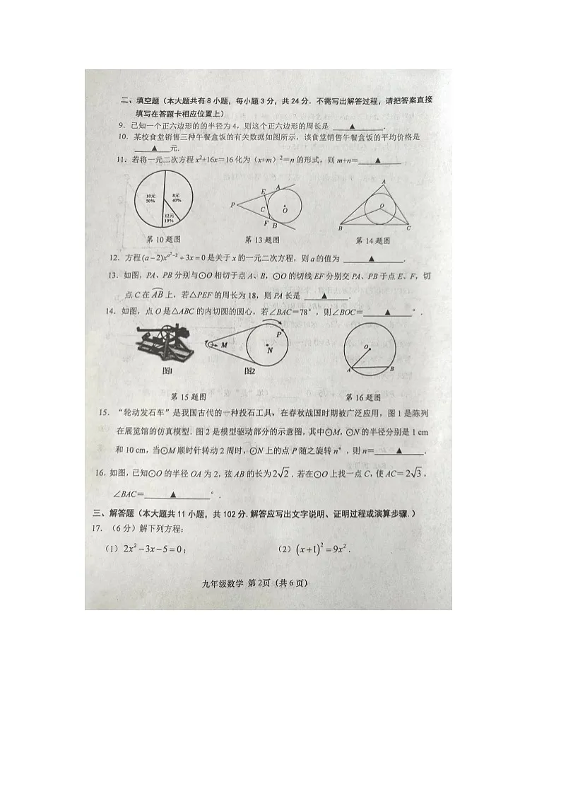 江苏省盐城市阜宁县2024—2025学年九年级上学期11月期中数学试题第2页