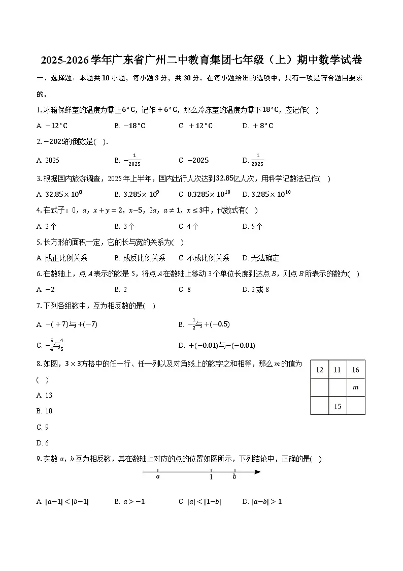 2025-2026学年广东省广州二中教育集团七年级（上）期中数学试卷（含答案+解析）第1页
