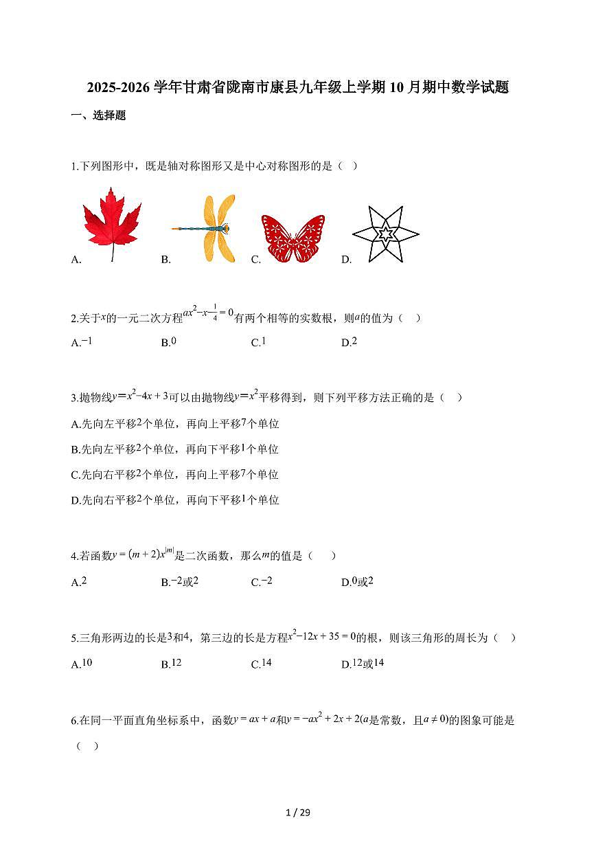 2025-2026学年甘肃省陇南市康县九年级上学期10月期中数学试题（含答案）第1页
