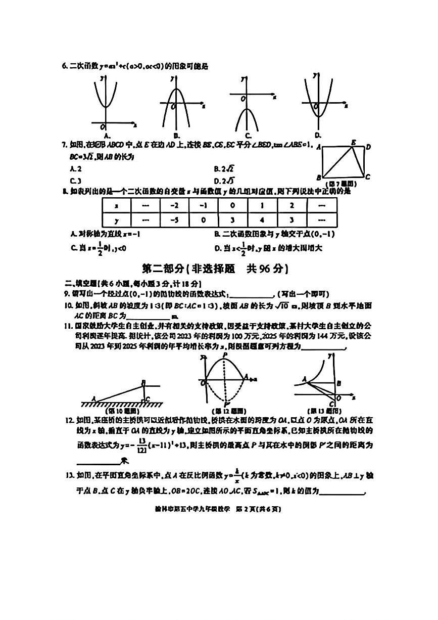 陕西省榆林市第五中学2025-2026学年上学期九年级期中数学试题第2页