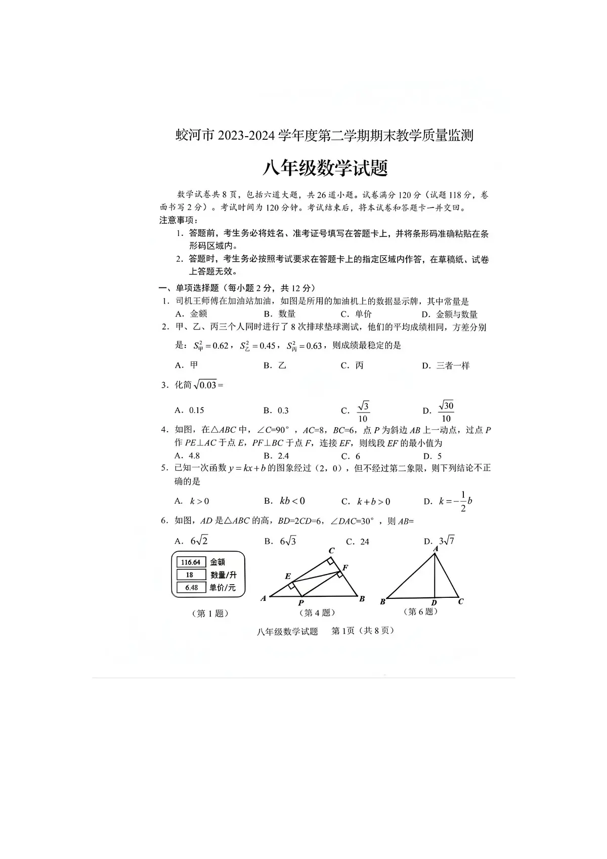 吉林省吉林省蛟河市2023-2024学年八年级下学期期末考试数学试题第1页