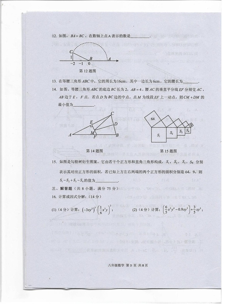 河南省驻马店上蔡县2024-2025学年 上学期八年级期末素质测试数学试卷第3页
