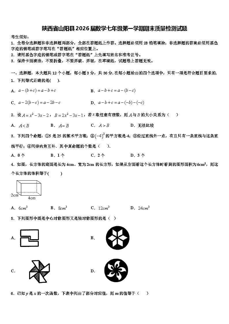 陕西省山阳县2026届数学七年级第一学期期末质量检测试题含解析第1页