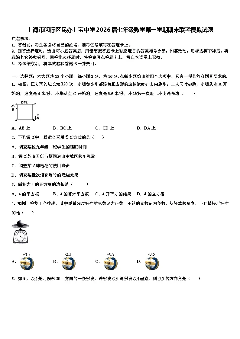 上海市闵行区民办上宝中学2026届七年级数学第一学期期末联考模拟试题含解析第1页