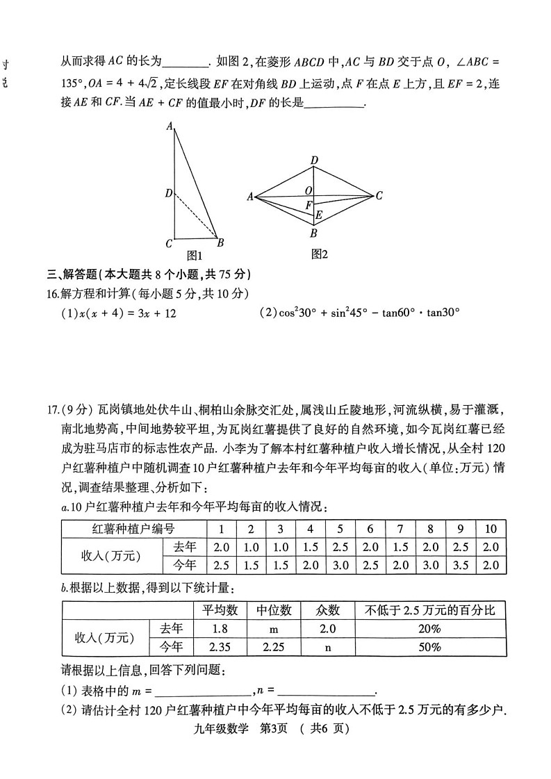 河南省驻马店市驿城区驻马店市部分初中期末联考2024-2025学年九年级上学期1月期末数学试题第3页