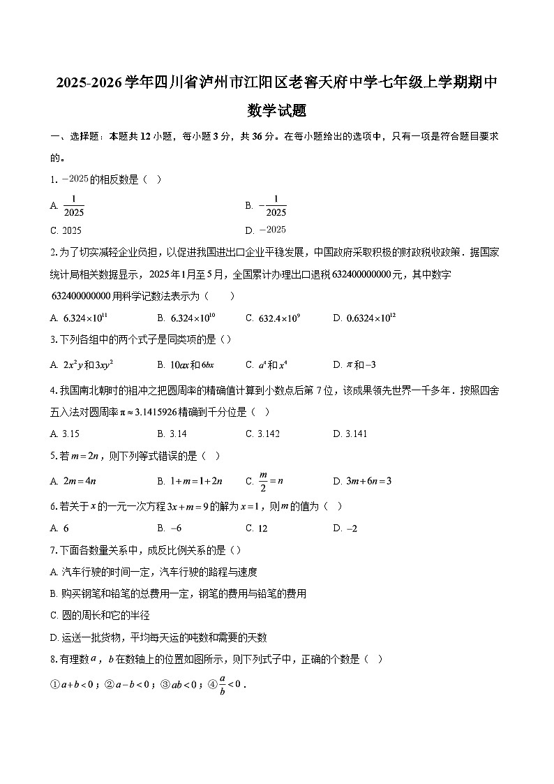 2025-2026学年四川省泸州市江阳区老窖天府中学七年级上学期期中数学试题-自定义类型第1页