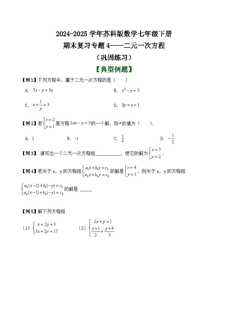 2024-2025学年苏科版数学七年级下册期末复习专题4——二元一次方程  （巩固练习）第1页