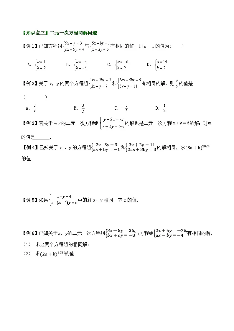 2024-2025学年苏科版数学七年级下册期末复习教案必考考点8—— 二元一次方程第3页