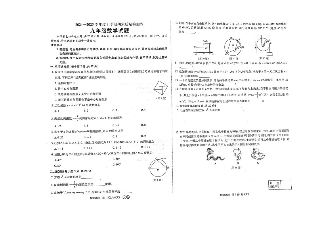 吉林省吉林市吉林高新技术产业开发区2024-2025学年九年级上学期12月期末数学试题第1页