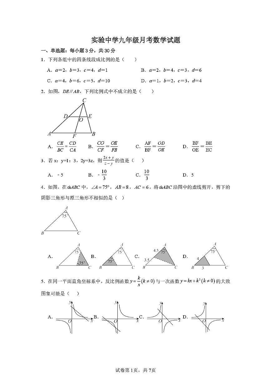 山东省日照市实验中学2025-2026学年上学期九年级12月月考数学试题第1页