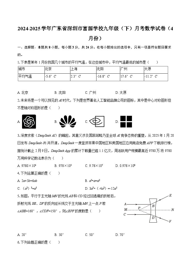 2024-2025学年广东省深圳市富源学校九年级（下）月考数学试卷（4月份）-自定义类型第1页
