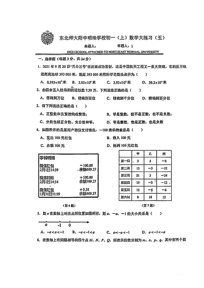 吉林省长春市长春净月高新技术产业开发区东北师范大学附属中学2025-2026学年上学期七年级数学周测试题05（月考）第1页