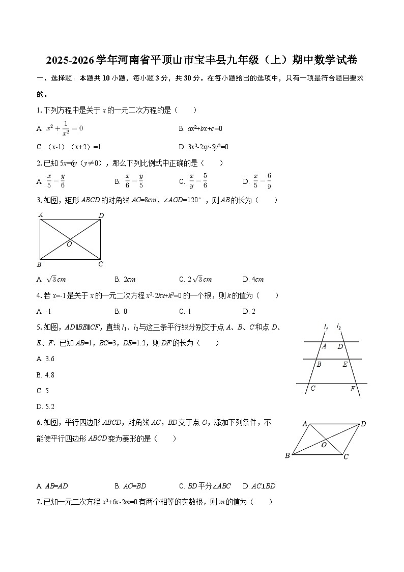 2025-2026学年河南省平顶山市宝丰县九年级（上）期中数学试卷-自定义类型第1页