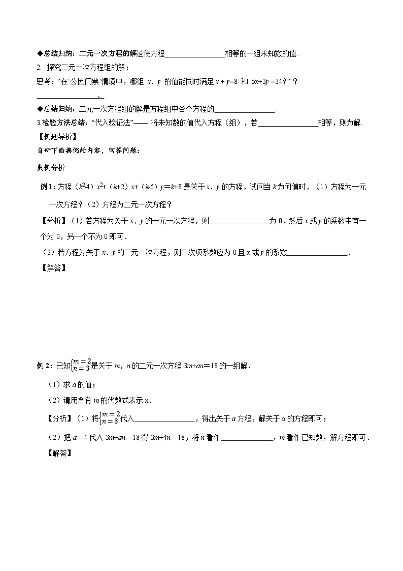 北师大版2024初中数学八上 5-1 认识二元一次方程组 导学案第3页
