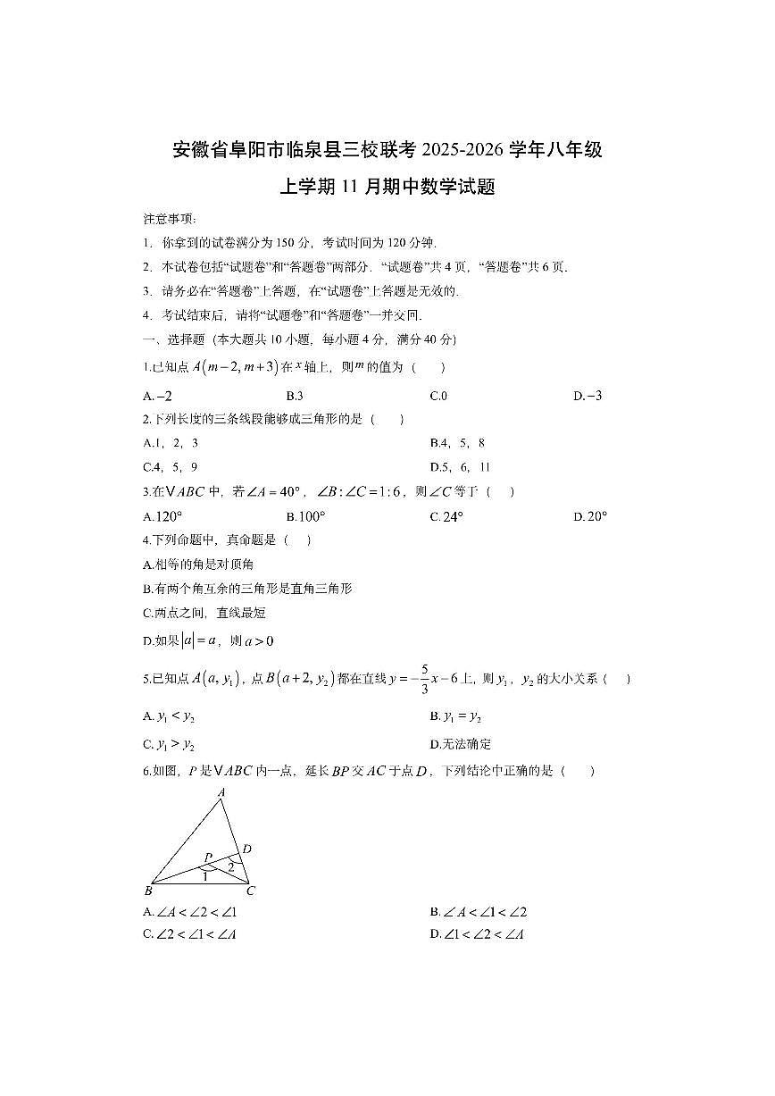 安徽省阜阳市临泉县三校联考2025-2026学年八年级上学期11月期中数学试卷（学生版）第1页