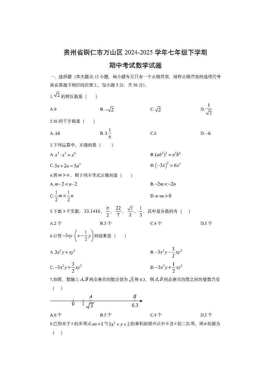 贵州省铜仁市万山区2024-2025学年七年级下学期期中考试数学试卷（学生版）第1页