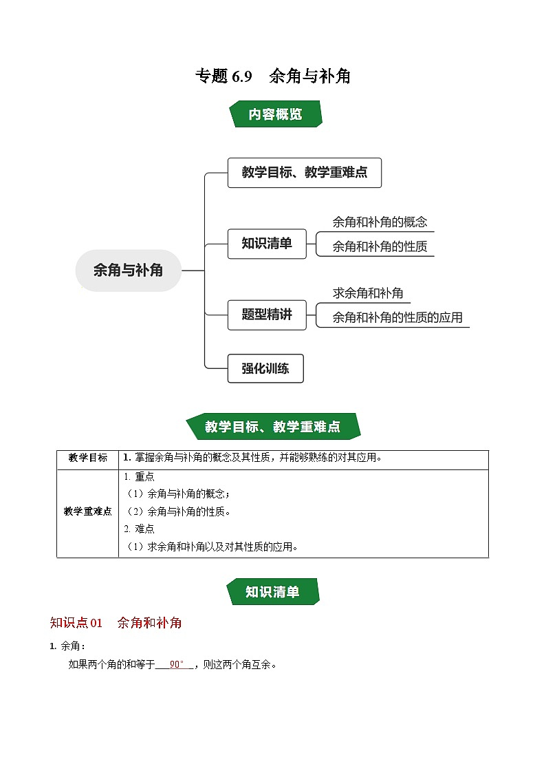 专题6.9  余角与补角（高效培优讲义）数学人教2024版七年级上册（解析版）七年级数学上册高效培优讲义（人教版2024）【2025-2026】第1页