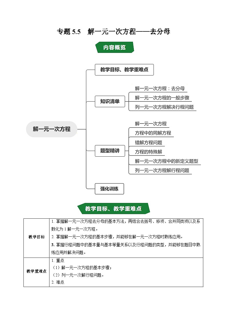 专题5.5  解一元一次方程——去分母（高效培优讲义）数学人教2024版七年级上册（解析版）七年级数学上册高效培优讲义（人教版2024）【2025-2026】第1页