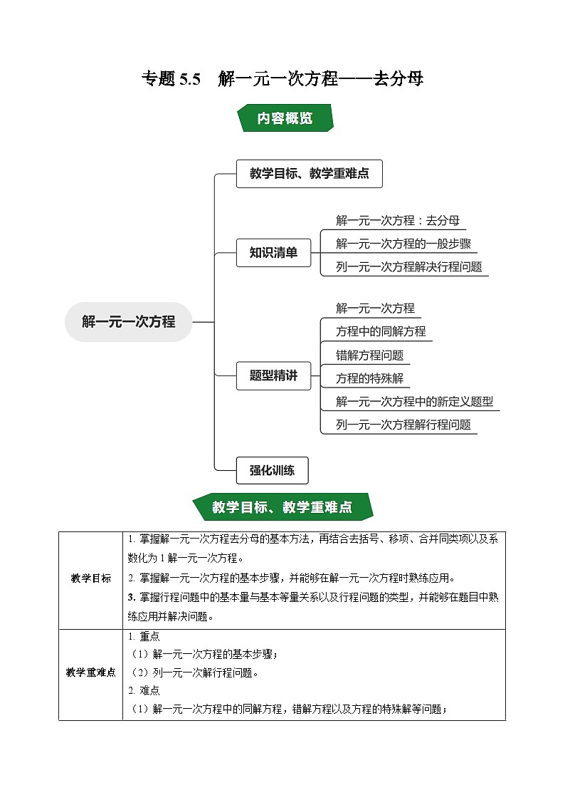 专题5.5  解一元一次方程——去分母（高效培优讲义）数学人教2024版七年级上册（原卷版）七年级数学上册高效培优讲义（人教版2024）【2025-2026】第1页