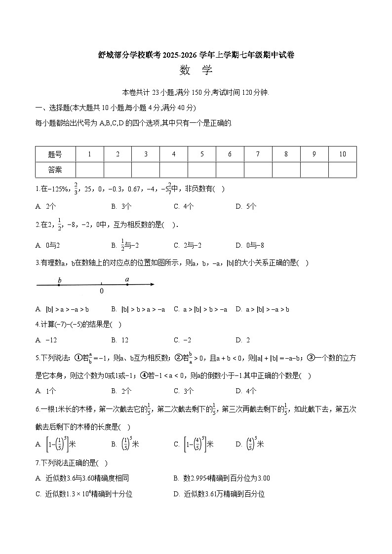 安徽省六安市舒城县部分学校联考2025-2026学年七年级上学期11月期中考试 数学试卷第1页
