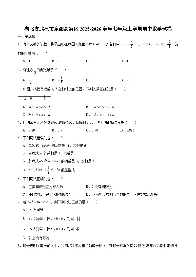 湖北省武汉市东湖高新区2025-2026学年七年级上学期期中考试 数学试卷第1页