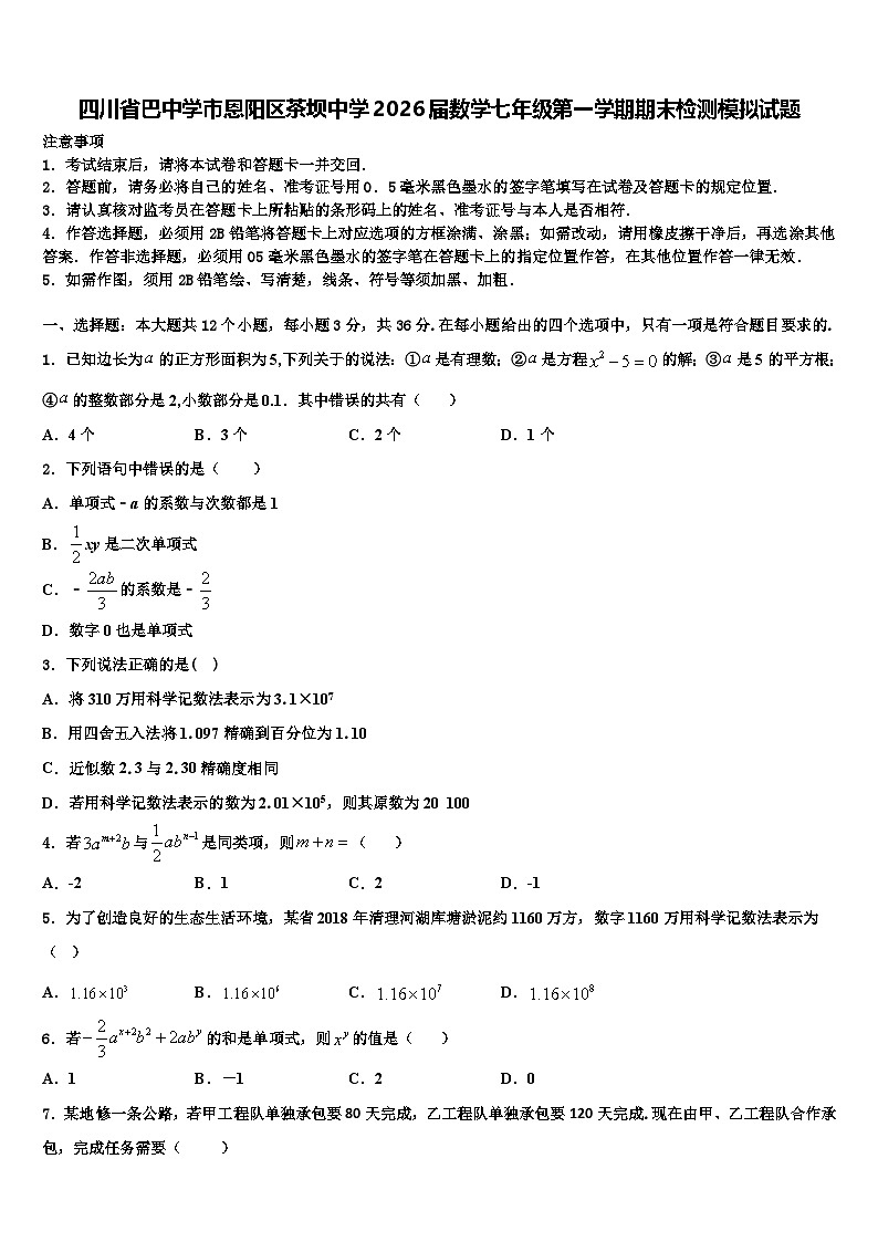 四川省巴中学市恩阳区茶坝中学2026届数学七年级第一学期期末检测模拟试题含解析第1页