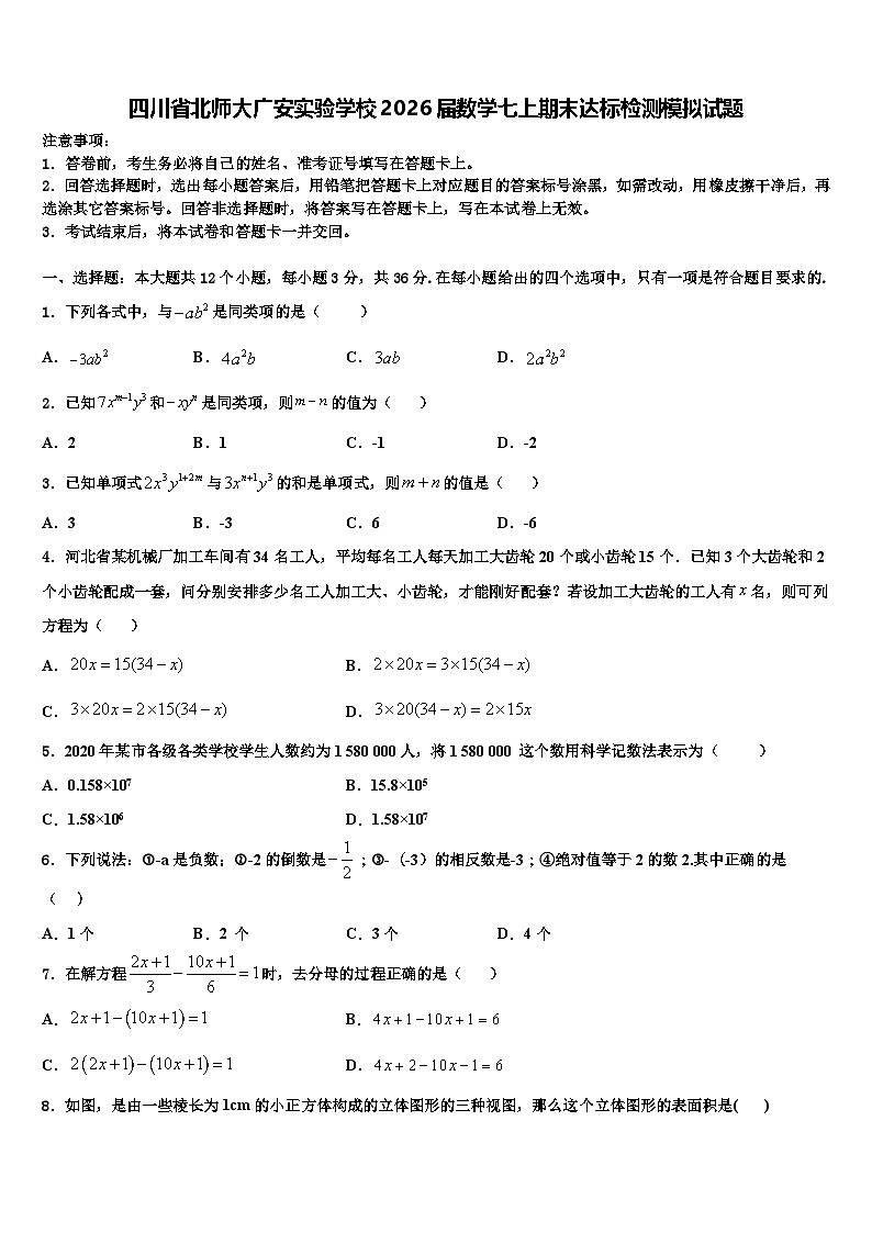 四川省北师大广安实验学校2026届数学七上期末达标检测模拟试题含解析第1页