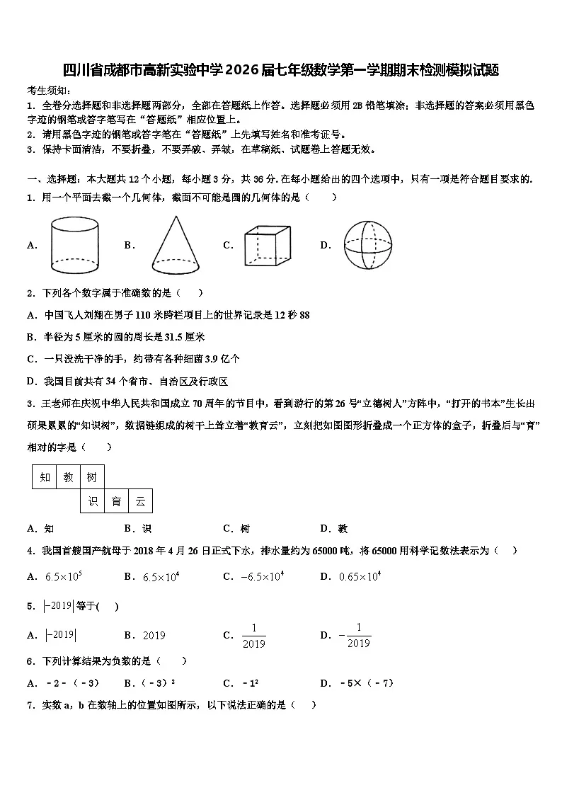 四川省成都市高新实验中学2026届七年级数学第一学期期末检测模拟试题含解析第1页