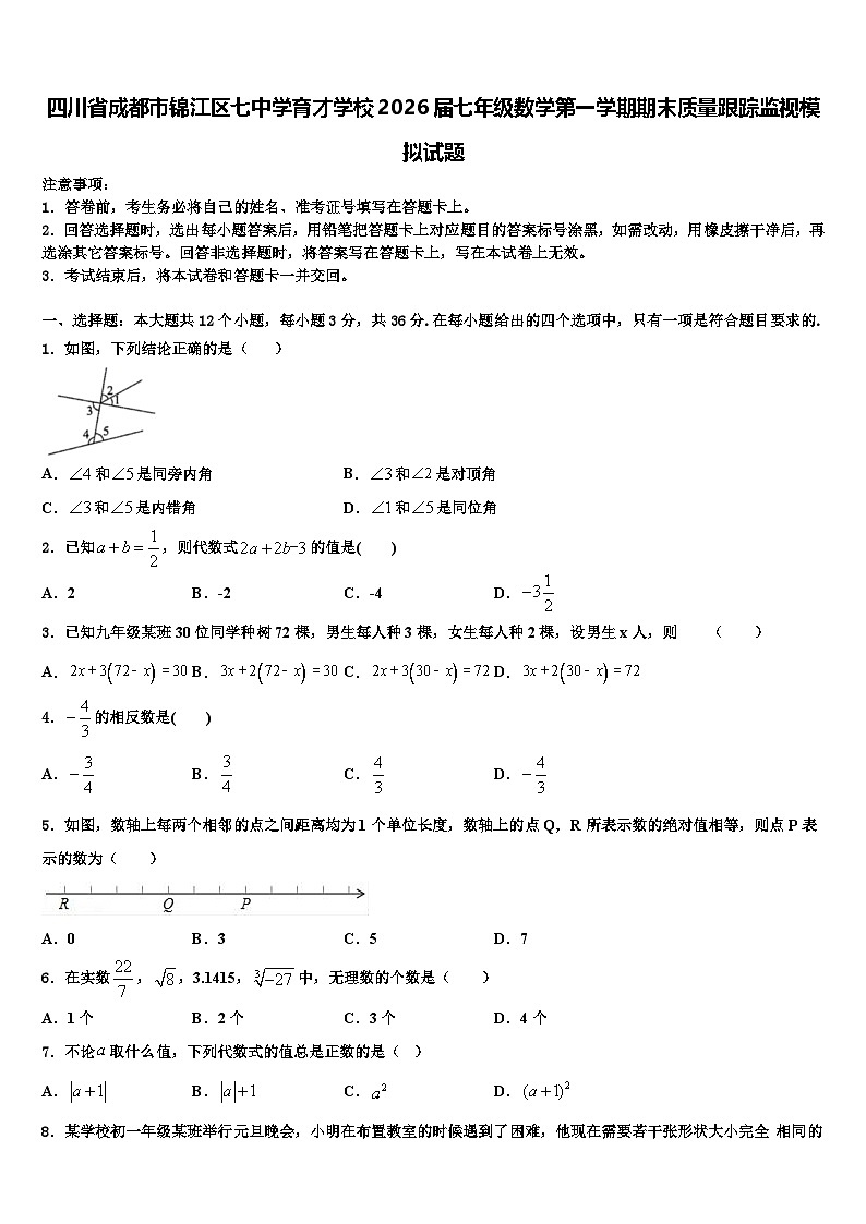 四川省成都市锦江区七中学育才学校2026届七年级数学第一学期期末质量跟踪监视模拟试题含解析第1页