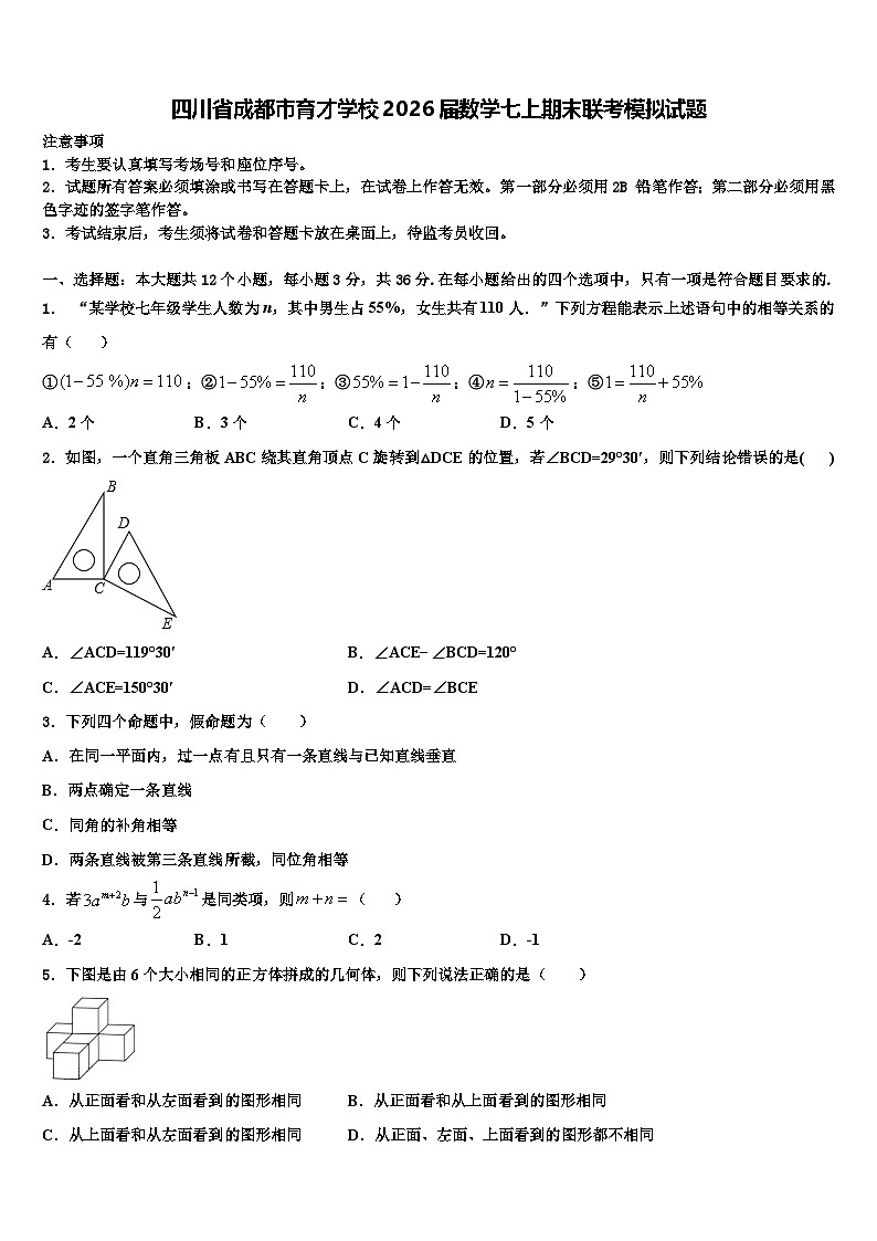四川省成都市育才学校2026届数学七上期末联考模拟试题含解析第1页