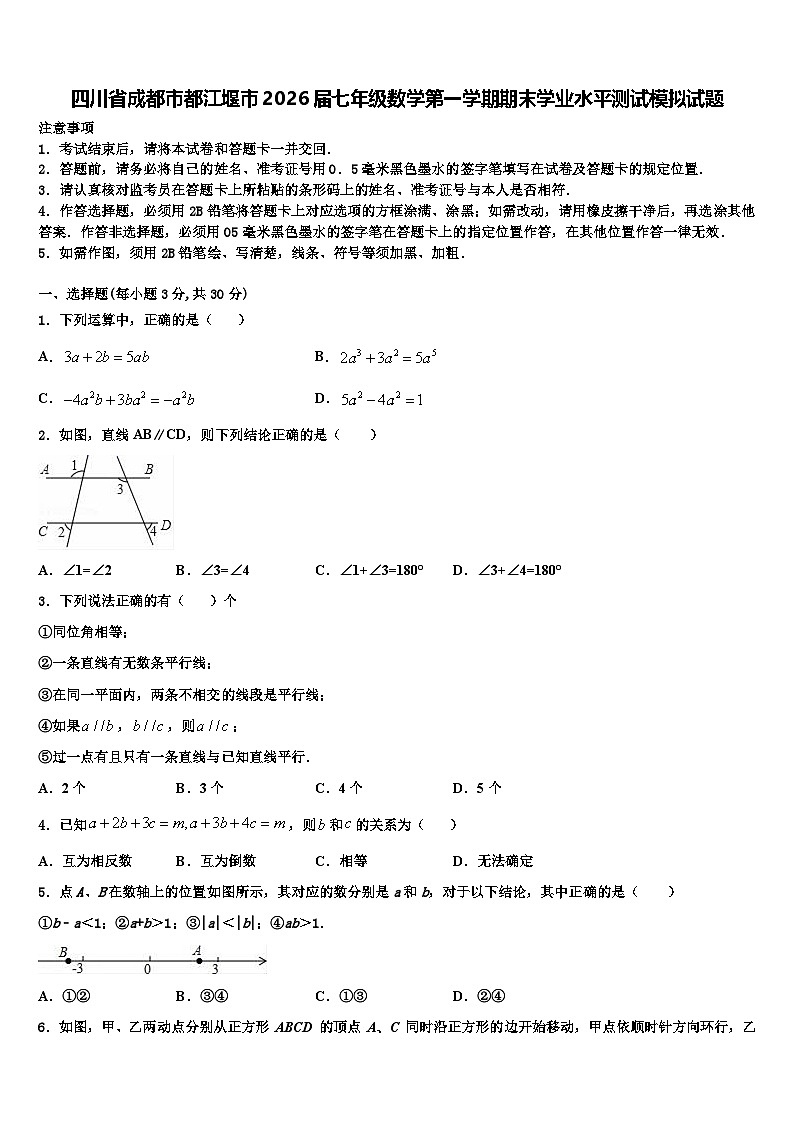 四川省成都市都江堰市2026届七年级数学第一学期期末学业水平测试模拟试题含解析第1页