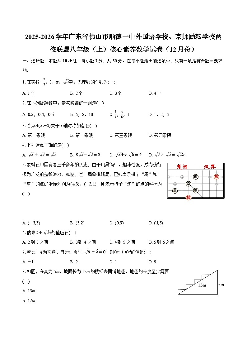2025-2026学年广东省佛山市顺德一中外国语学校、京师励耘学校两校联盟八年级（上）核心素养数学试卷（含答案+解析）（12月份）第1页