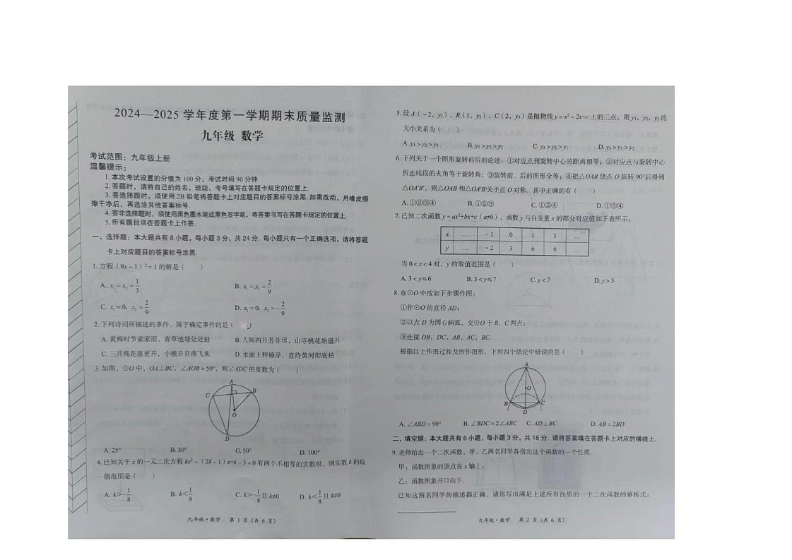 内蒙古自治区赤峰市翁牛特旗2024-2025学年九年级上学期1月期末数学试题第1页