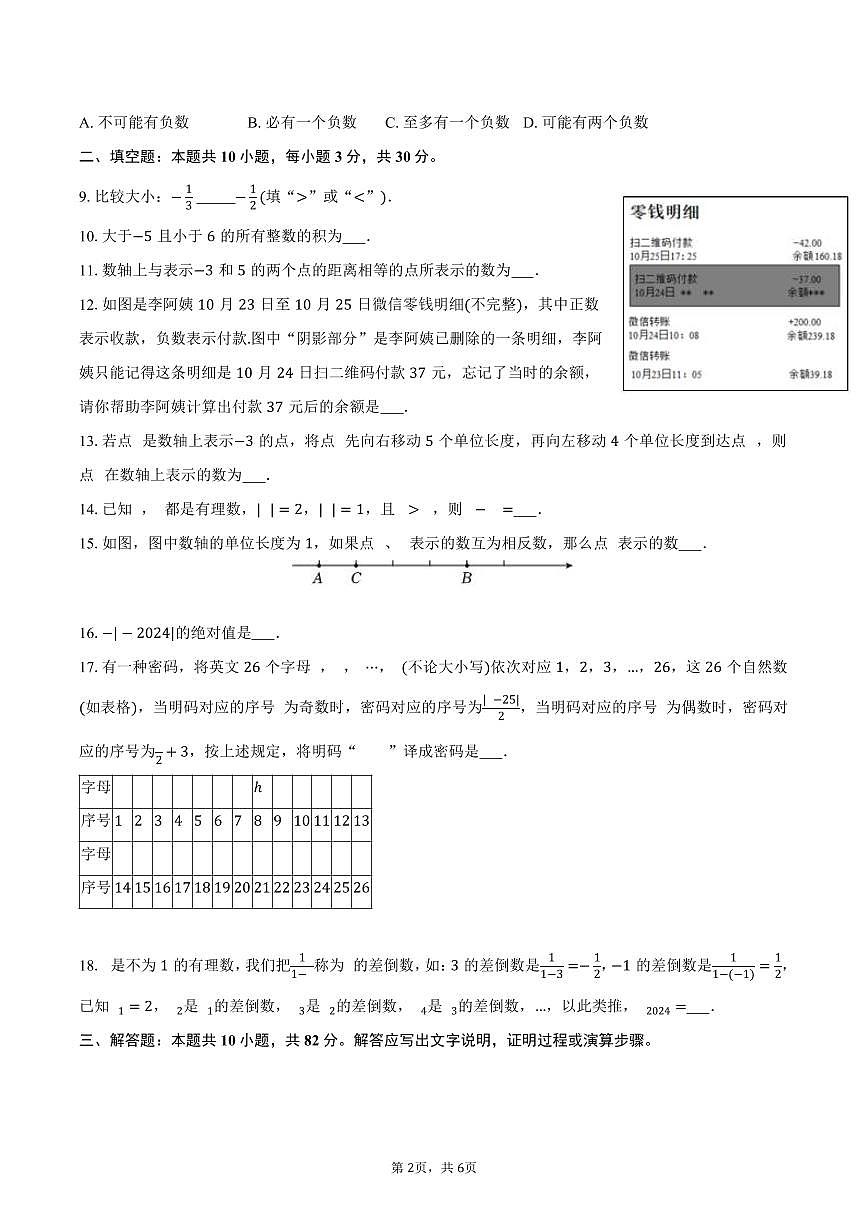 江苏省扬州市邗江区梅苑双语学校2025-2026学年七年级上学期第一次月考数学模拟试卷-学生用卷第2页